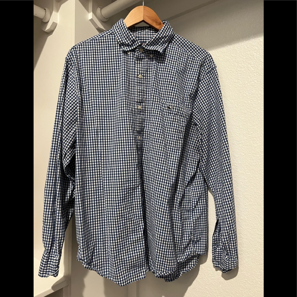 Size XL Vineyard Vines Classic Tucker Fit long sleeve Gingham navy blue shirt